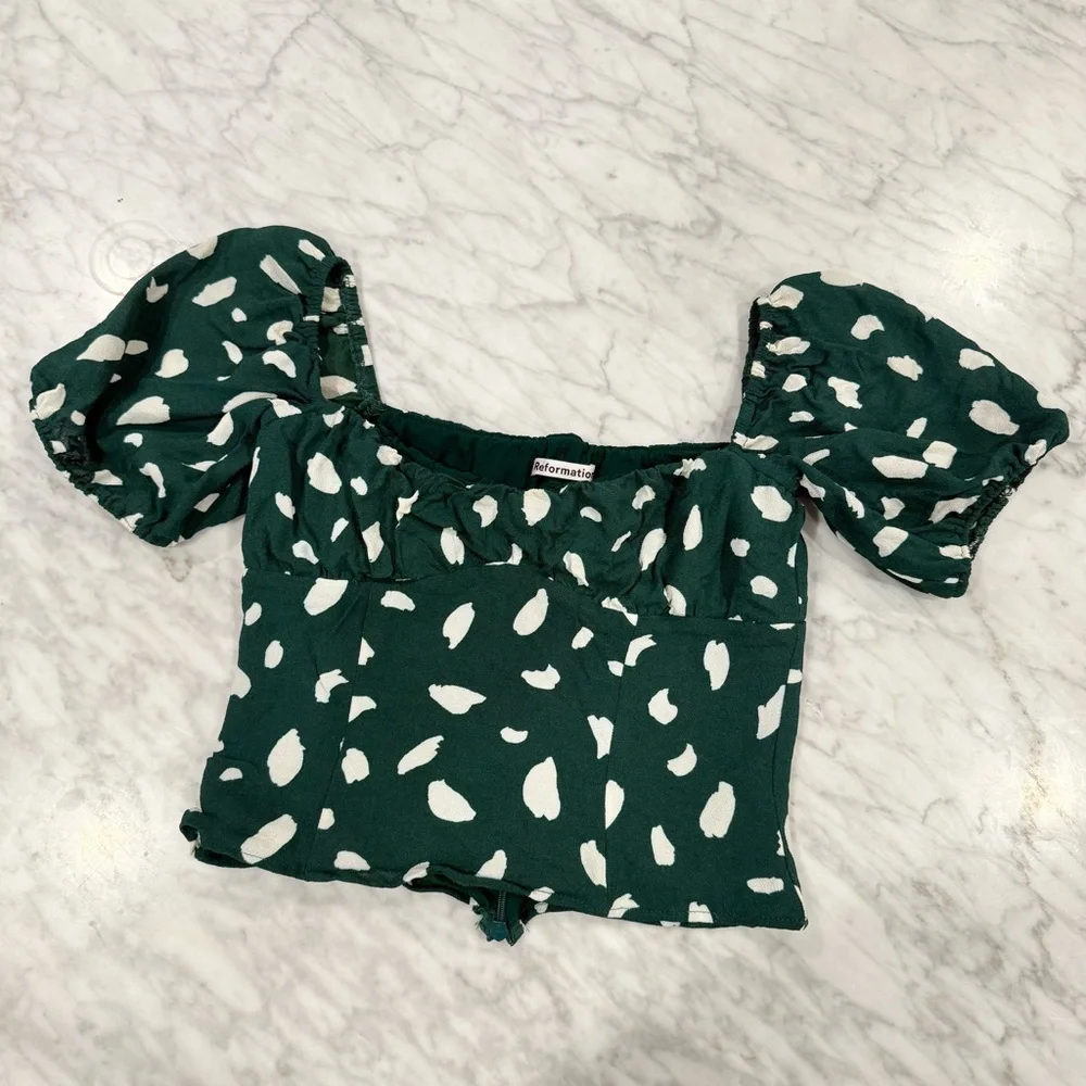 Reformation Berry Top in FEN Green and White Blouse